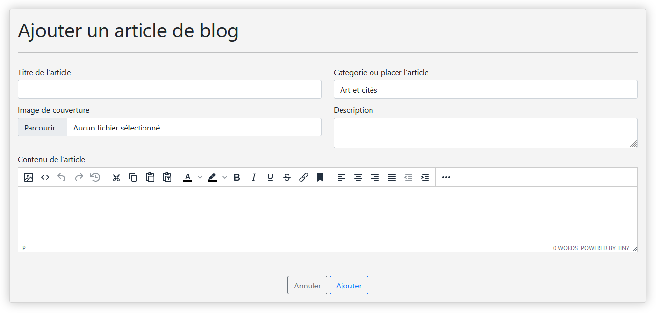 Page de création d'un article sur le site aximonial