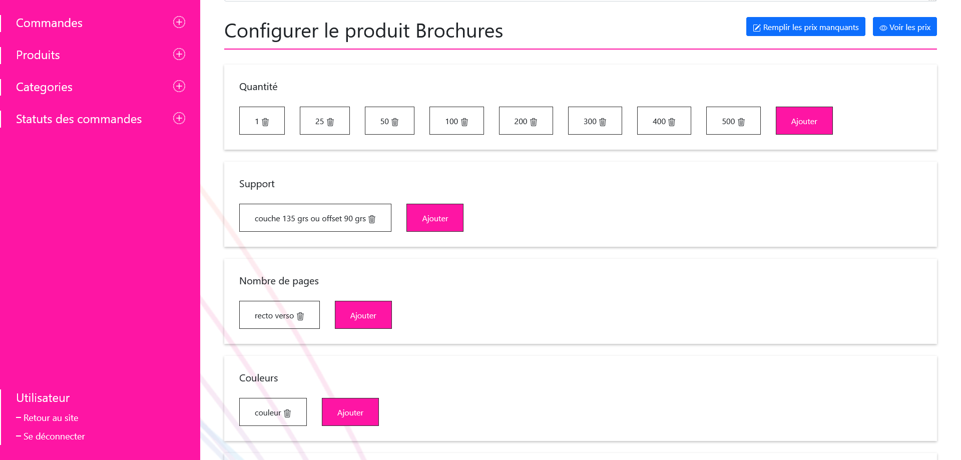 Page d'ajout / modification d'un produit du back-office